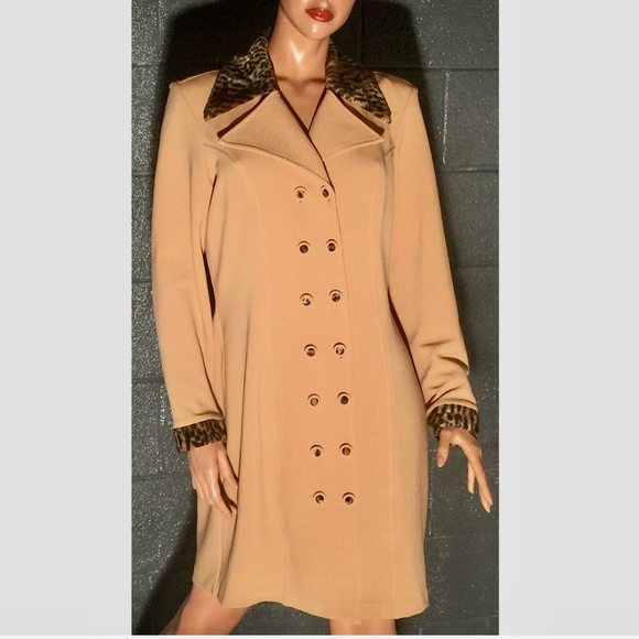 VTG ALGO Poly Knit Double Breasted Leopard Faux Fur Trimmed Collared Peacoat~10 - Picture 3 of 11